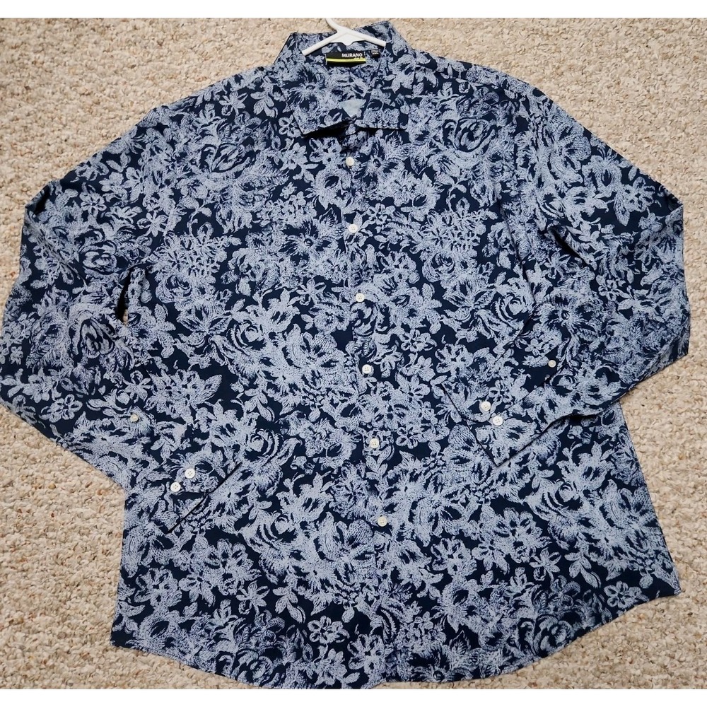 Murano Slim Fit Performance Navy Floral Button Down XXL Mens Long Sleeve Shirt